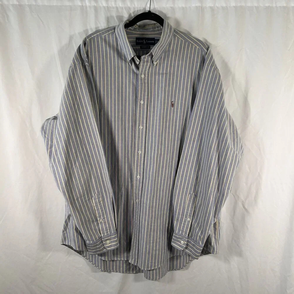 Ralph Lauren Dress Shirt Men's XXl Blue Yellow Striped Button Up Long Sleeve